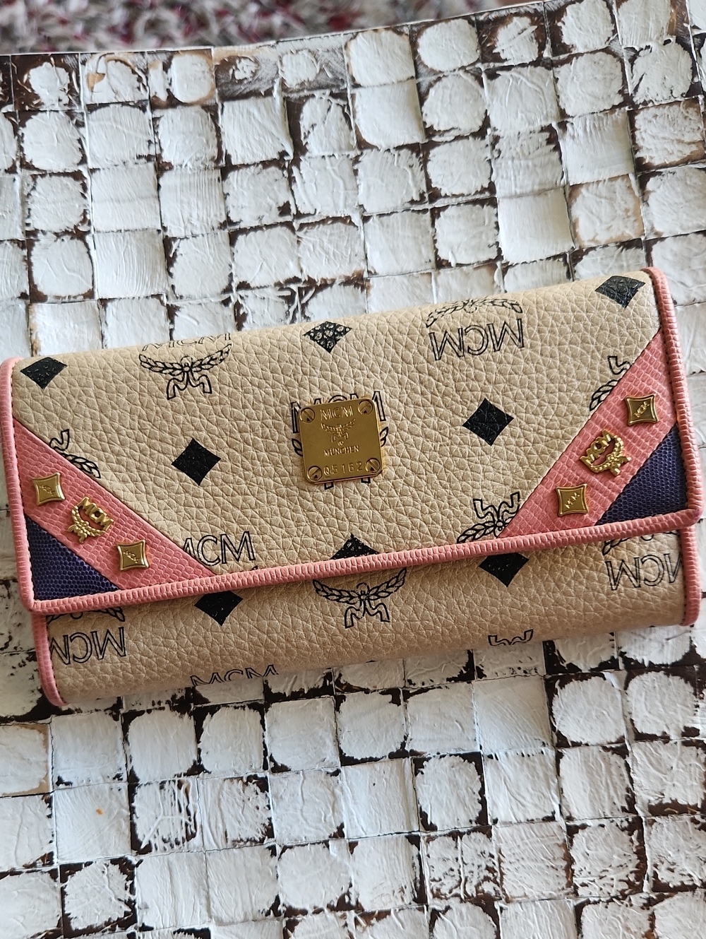 MCM Beige Wallet with Pink Trim and Gold Studs
